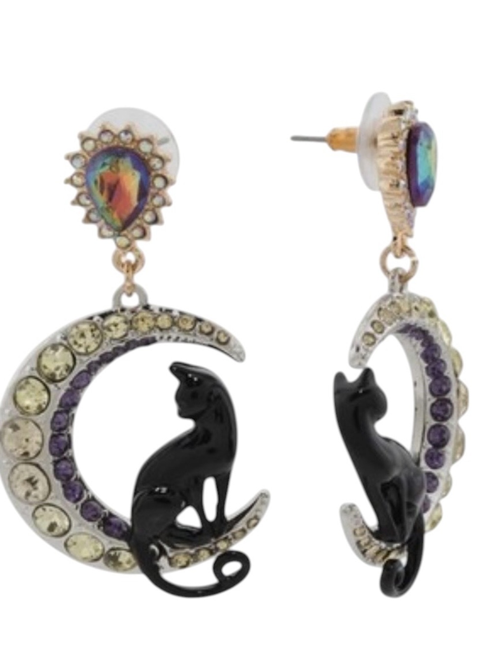 NWT Betsey Johnson Silver Tone Crescent Moon & Black Cat Drop Earrings